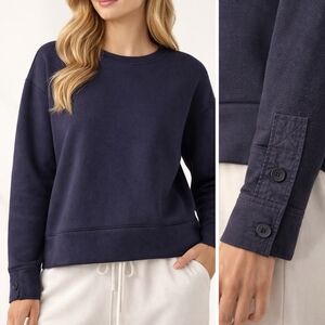 COS Navy Structured Knit Sweatshirt Top Button Cuff Cotton Minimalist Sz S Crew